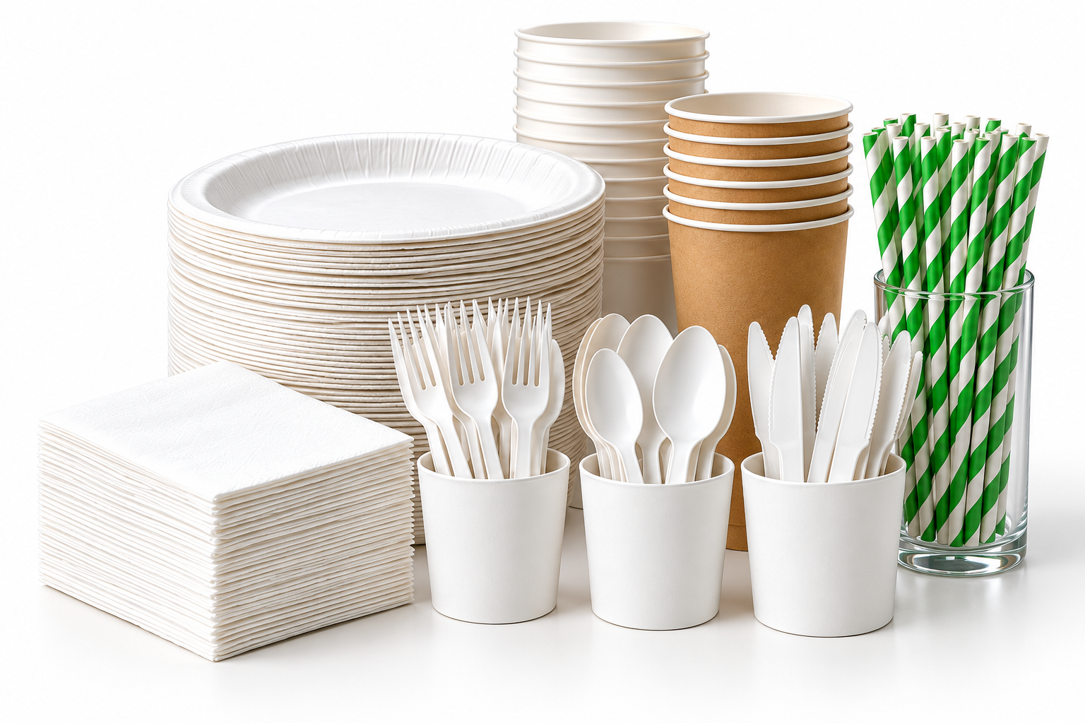 Illustrative arrangement of paper plates, disposable cups, napkins, straws, and utensils.
