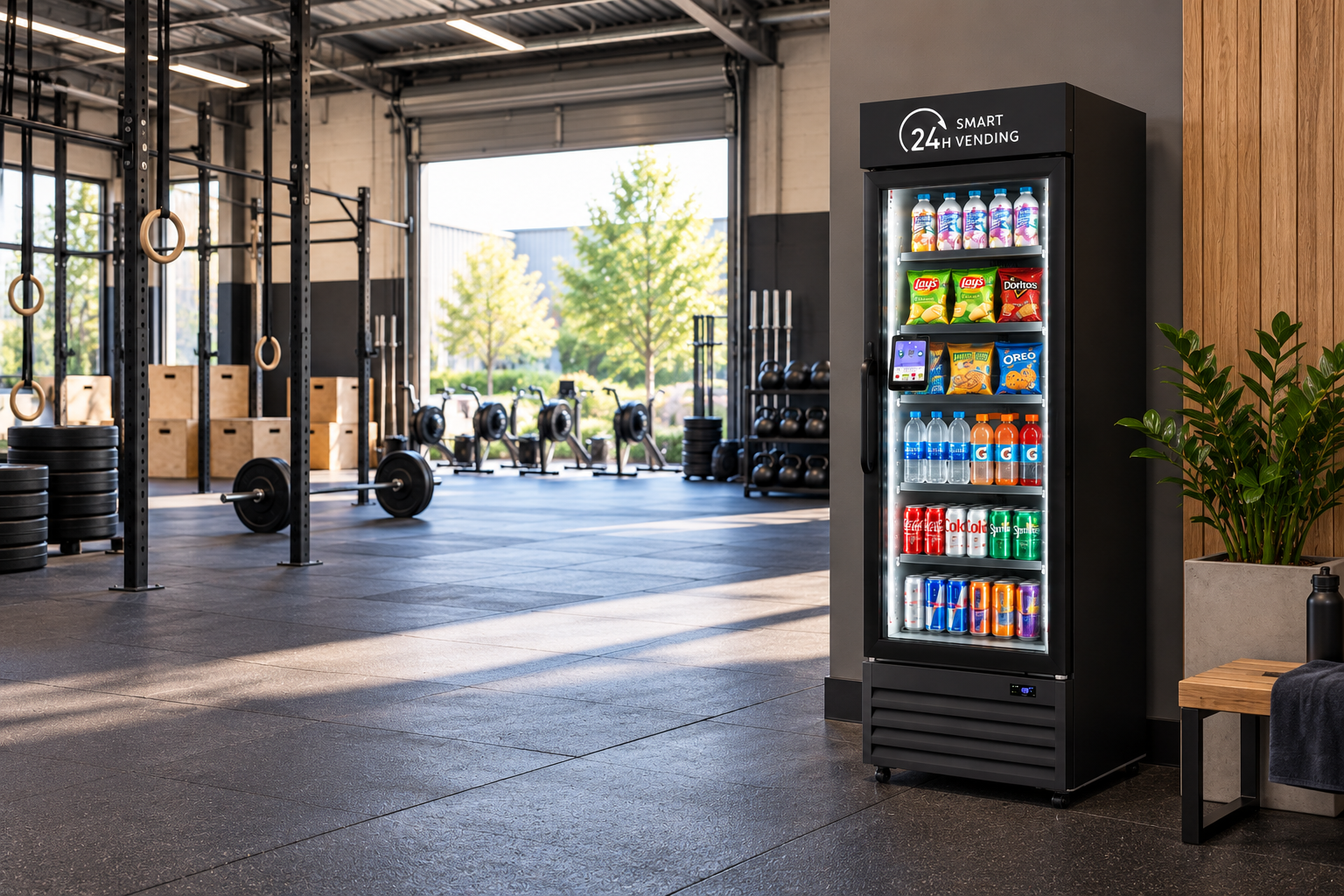 Illustration of a compact Smart AI vending machine in a CrossFit-style gym with a pull-up rig, gymnastics rings, bumper plates and plyometric boxes.