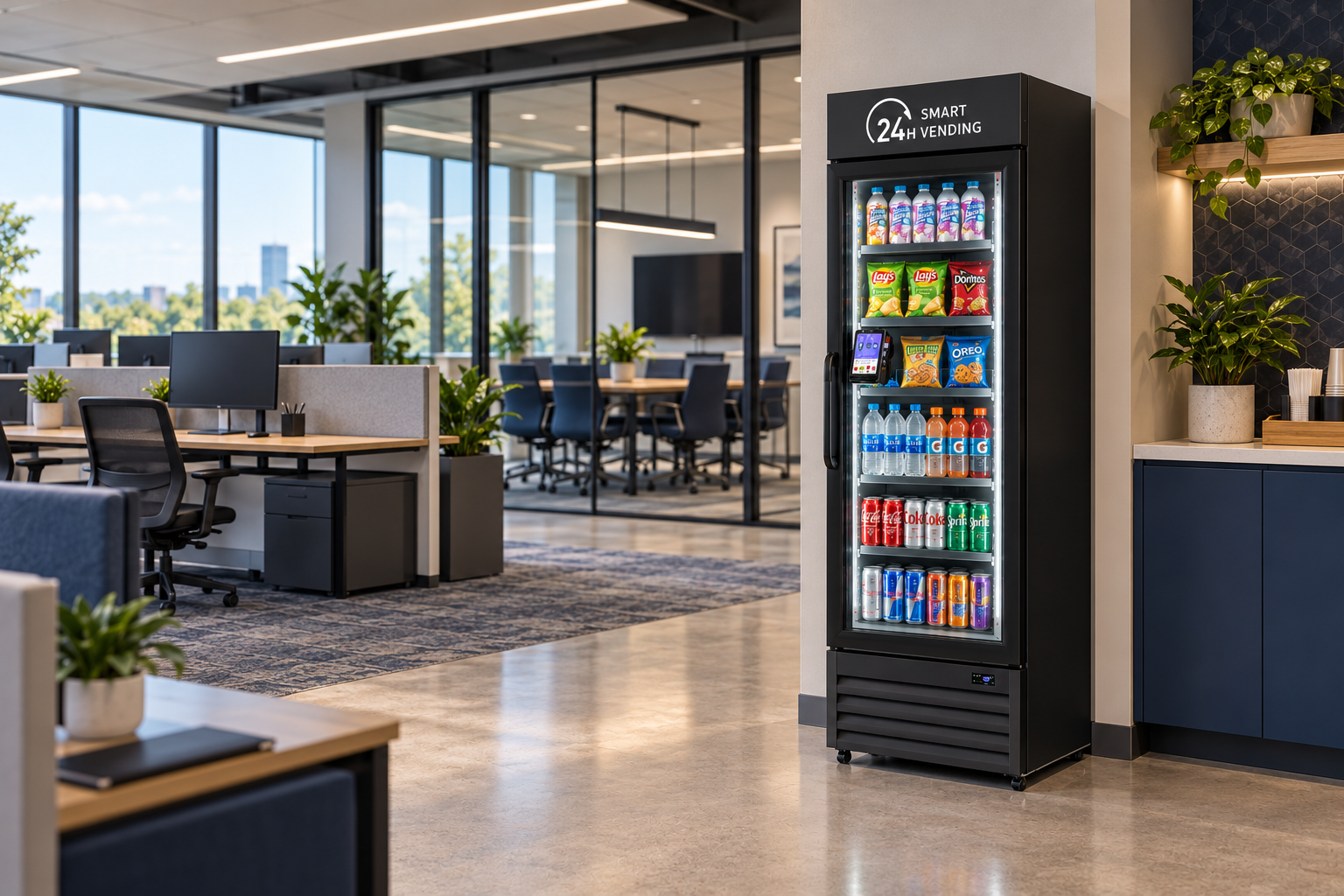 Illustration of a compact Smart AI vending machine near open workstations and glass-walled meeting rooms.