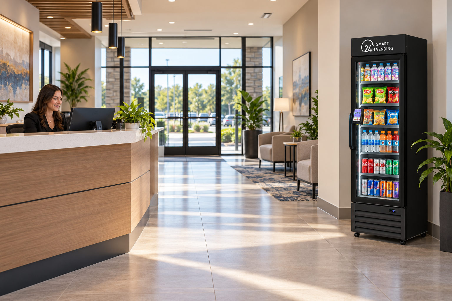 Illustration of a Smart AI vending machine against a lobby wall across an open aisle from a receptionist’s front desk.