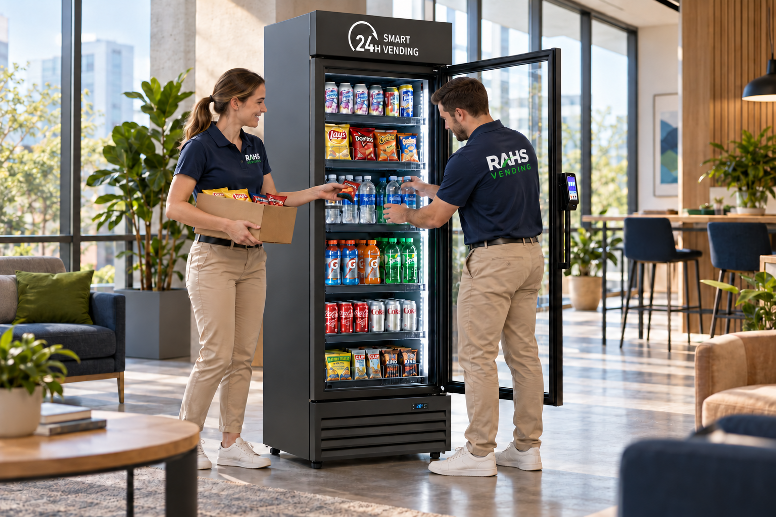 Illustration of two staff members in RAHS Vending shirts stocking a HAHA Smart AI MINI 360 in an open business lounge.