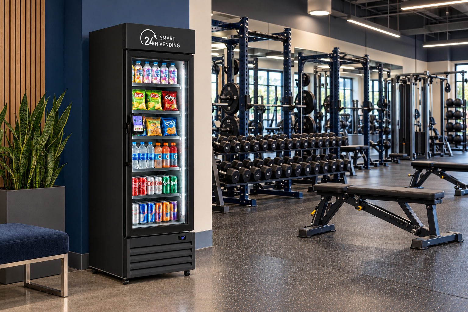 Illustration of a compact Smart AI vending machine beside a weightlifting gym with dumbbell racks, benches and strength-training equipment.